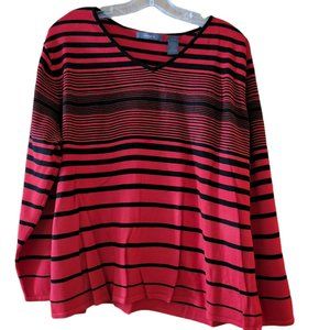 Liz Claiborne V-Neck Red & Black Horizontal Striped Sweater - Size Petite  3X
